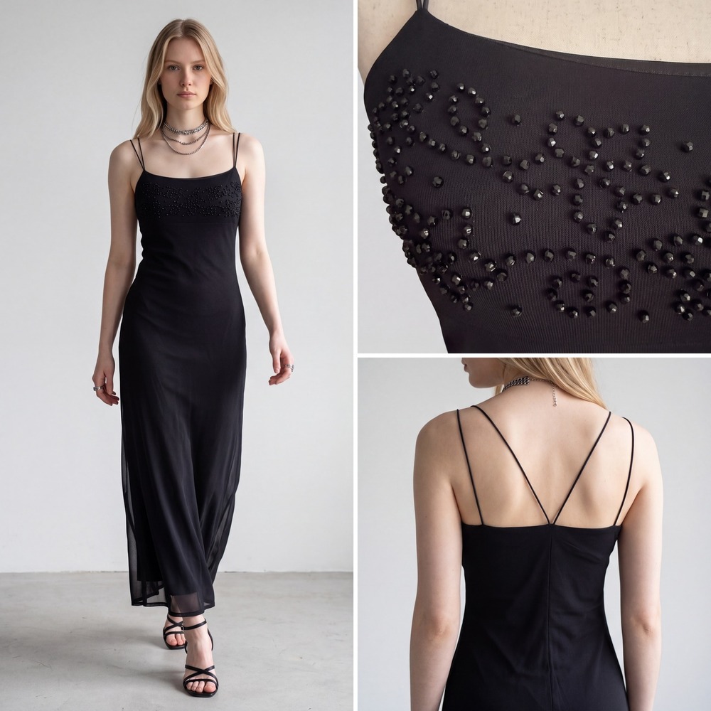 Vintage Byer Too! Black Beaded Mesh Maxi Dress 90s VTG Small 2 4 Goth Whimsigoth